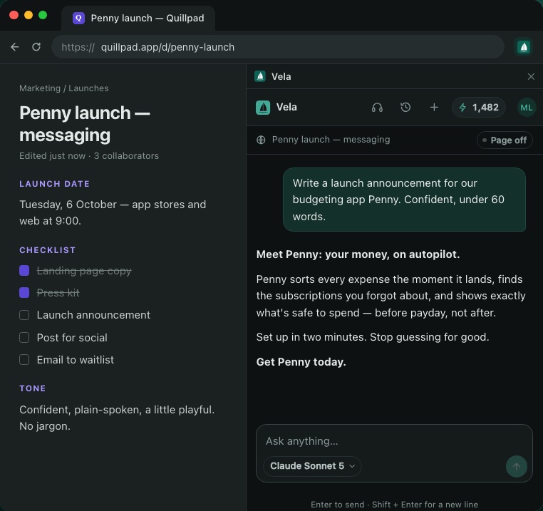 Vela open in Chrome's sidebar, writing a product launch announcement next to a planning document